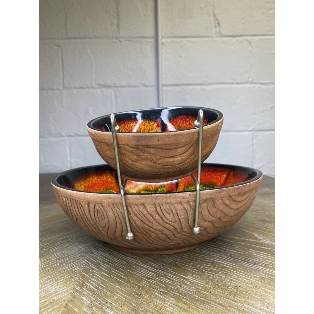 Vtg‎ Sequoia Ware MCM California Pottery Chip Dip Bowl Set Red Black Yellow 613